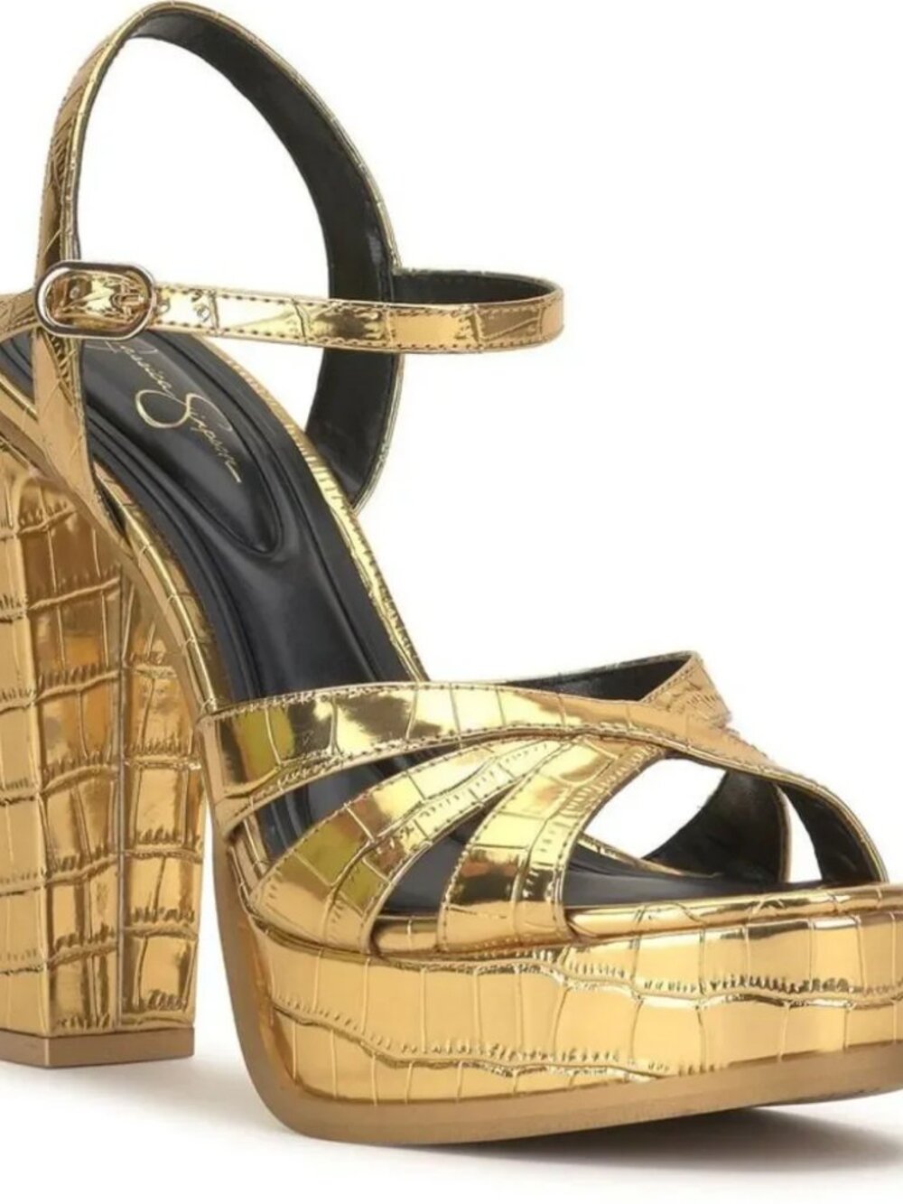 Jessica Simpson Giddings Gold Metallic Croc Strappy Chunky Platform Heels Sz 9